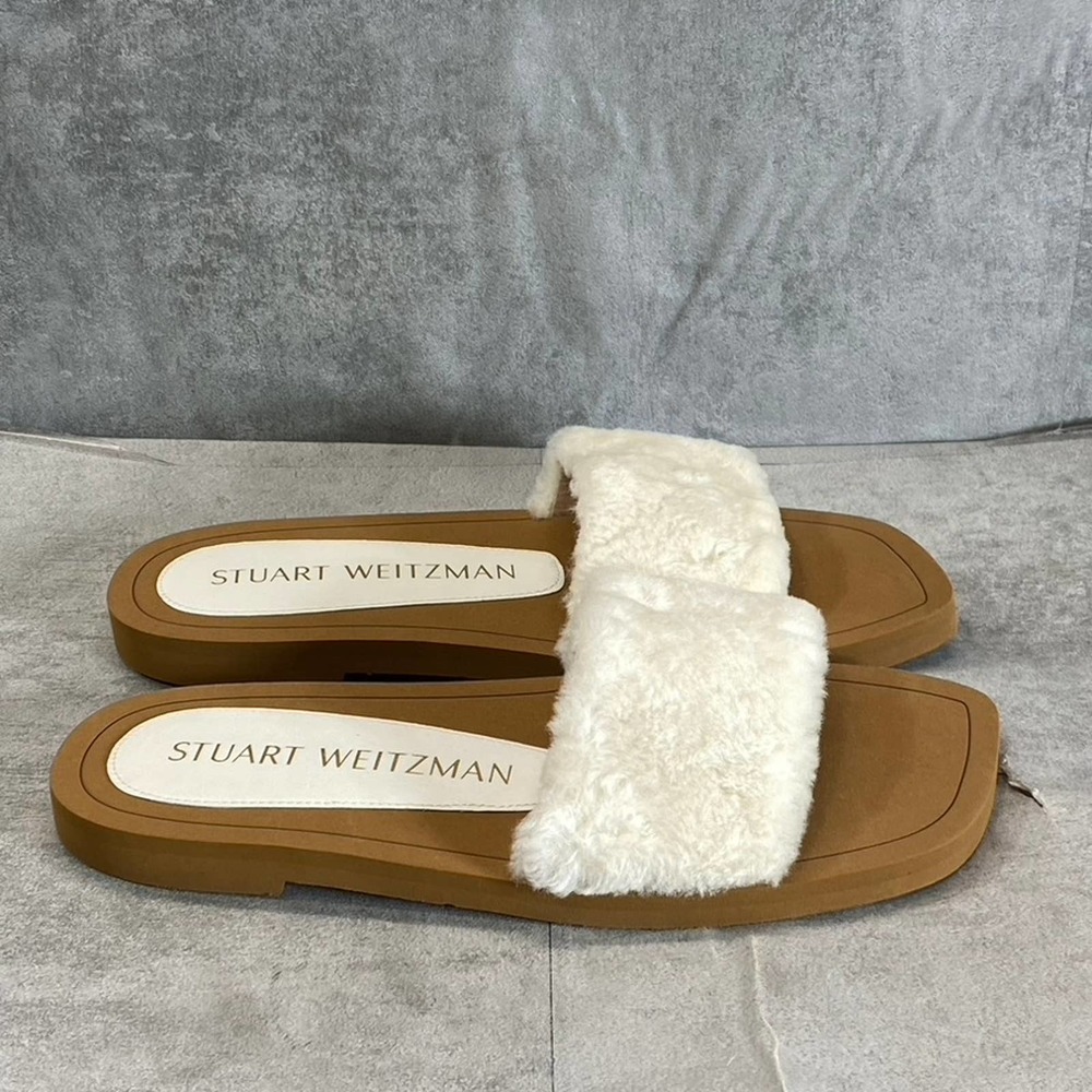 Stuart Weitzman Women's Natural Cammy Shearling Strap Slide Sandal SZ 6 B